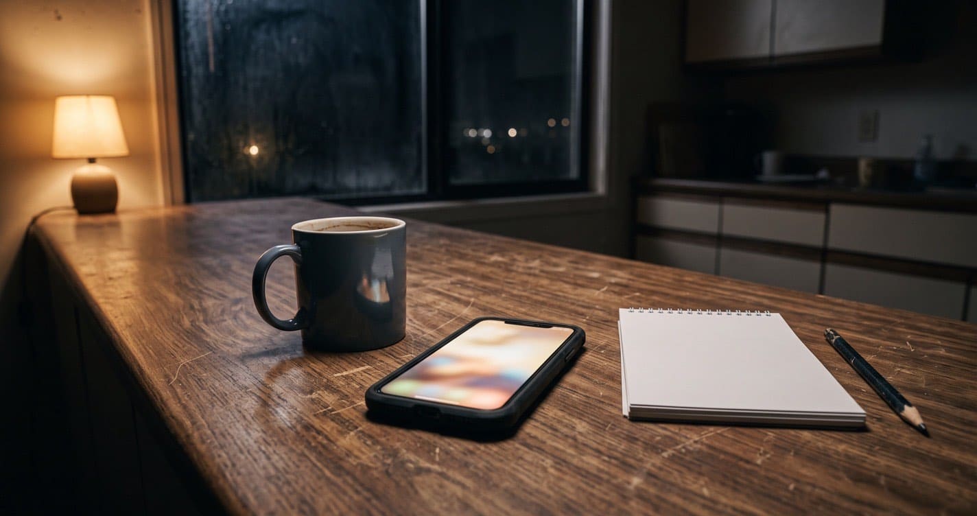 A phone glowing face-up on a kitchen counter late at night beside a cold mug of coffee and a blank notepad, the rest of the room dark and empty