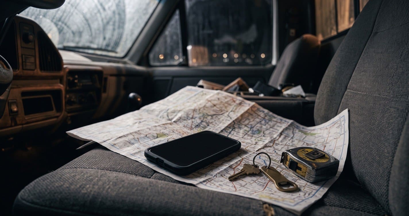 A folded paper road map spread across the passenger seat of a work truck, with a phone, a set of keys and a tape measure resting on top in early morning light