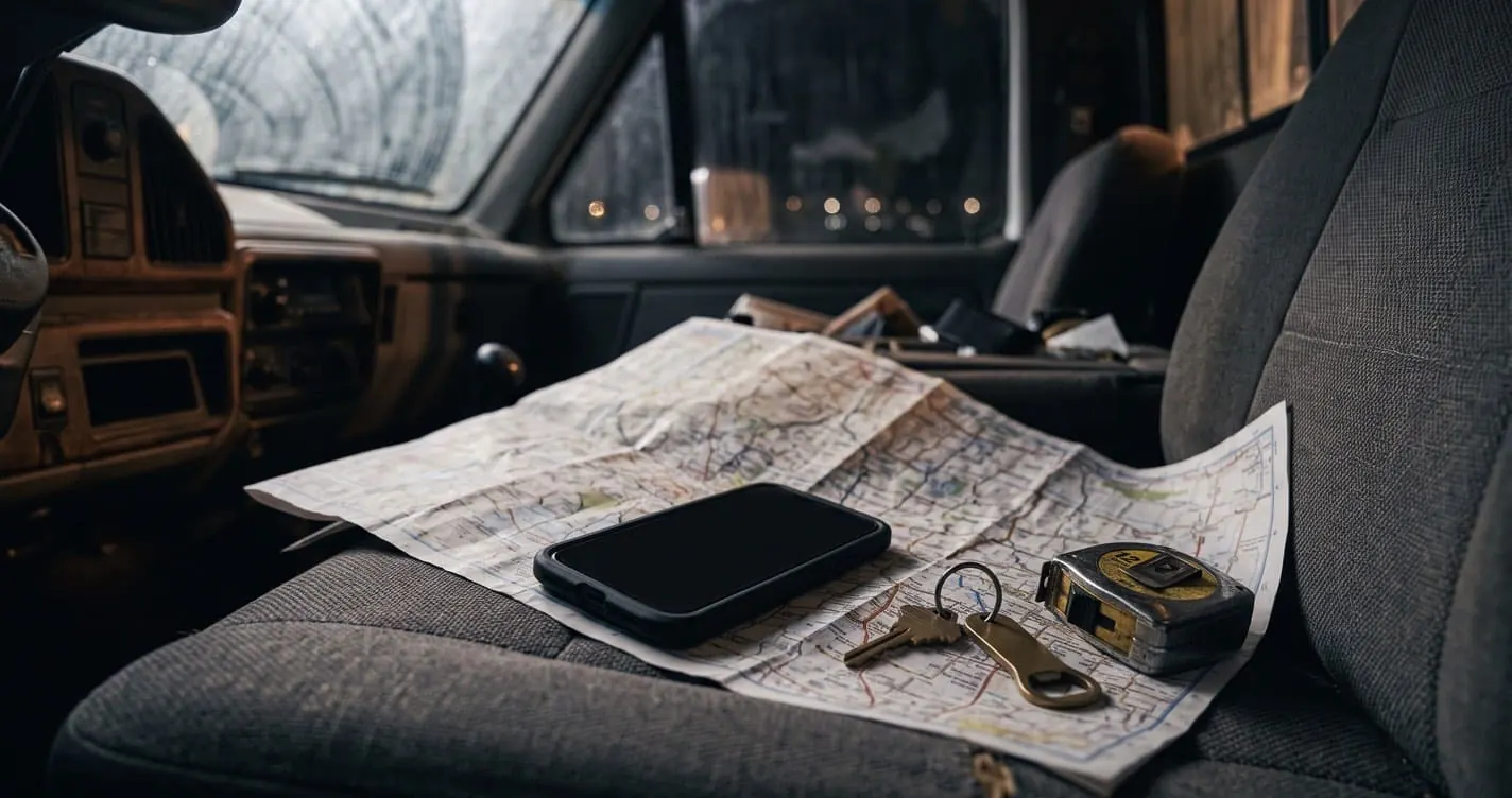 A folded paper road map spread across the passenger seat of a work truck, with a phone, a set of keys and a tape measure resting on top in early morning light