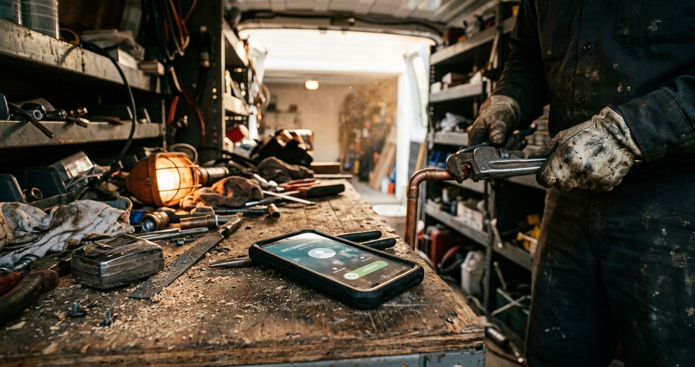 A phone lighting up with an unanswered call on a work van's tool bench, while gloved hands keep working a pipe fitting in the background