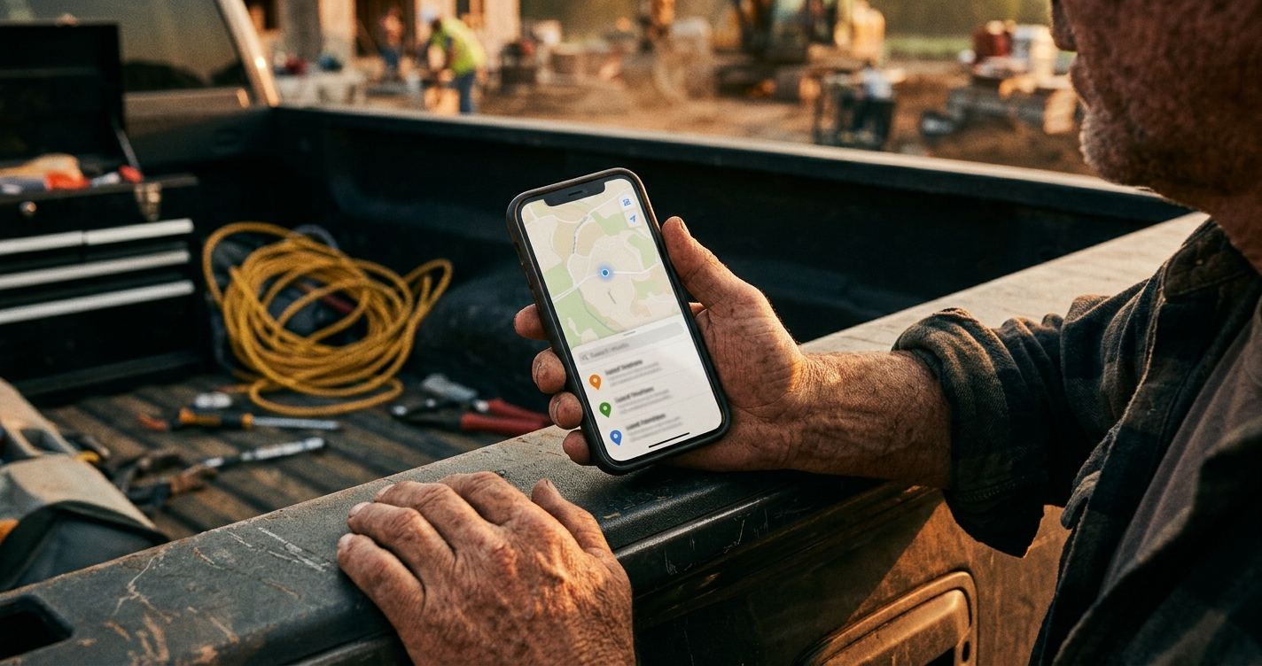 A contractor checking a map of nearby search results on his phone at a job site tailgate