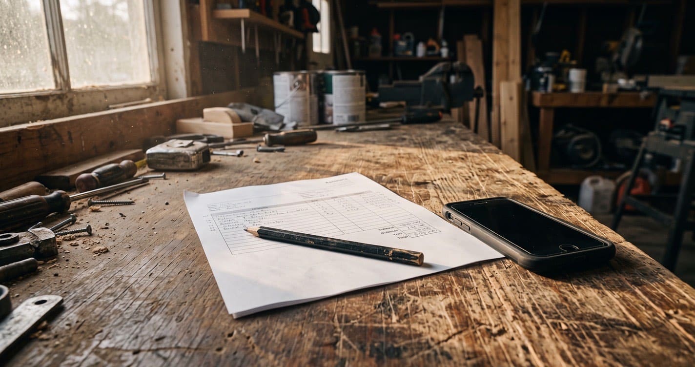 A printed job estimate and a carpenter's pencil lying on a worn workbench in a garage, a dark silent phone beside them, hand tools scattered under the window light
