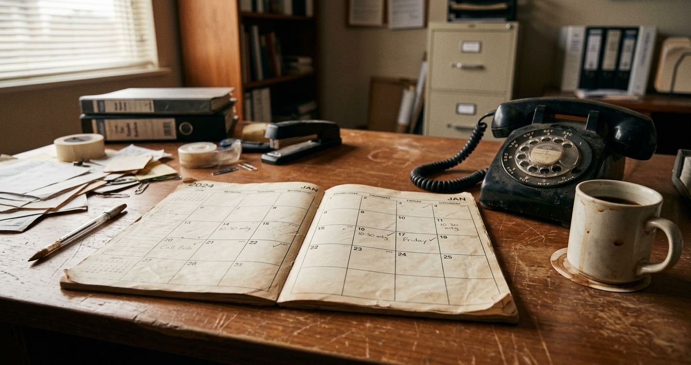 A worn desk calendar sitting mostly blank next to a silent phone and a cold cup of coffee