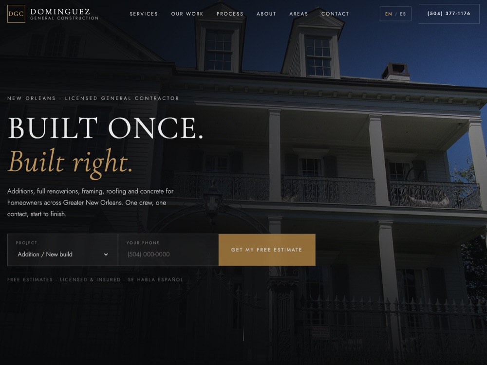 Dominguez General Construction website — bilingual general contractor landing page with an estimate form