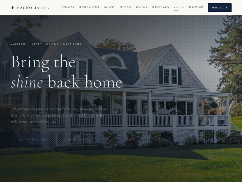 Magnolia Mist Pressure Washing website — West Bank soft-washing and pressure-washing landing page