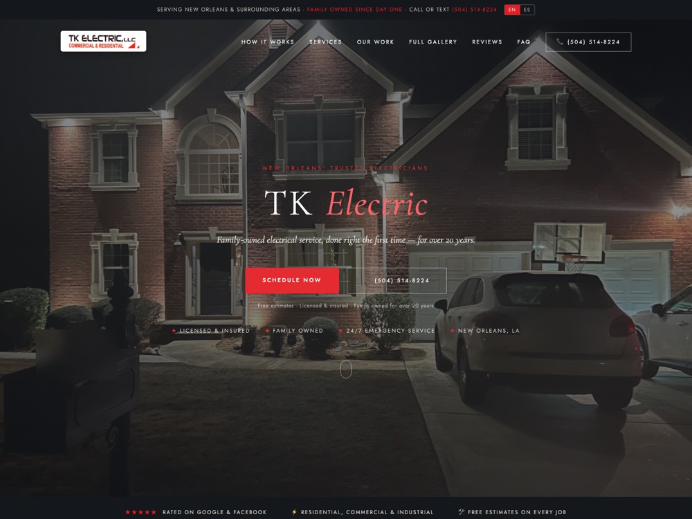 TK Electric website — family-owned New Orleans electrician landing page with an inline quote form